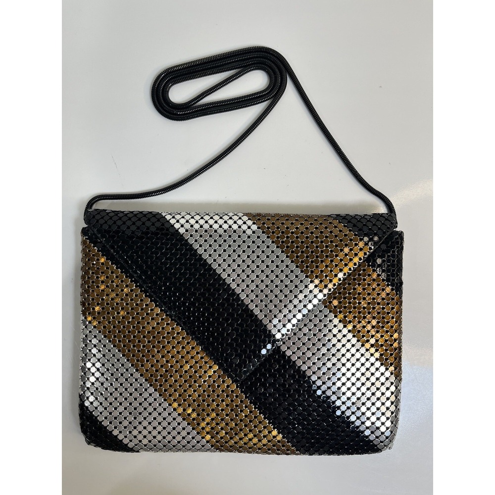 Vtg Metal‎ Mesh Handbag Purse Black Silver Shoulder Evening Hong Kong Crossbody